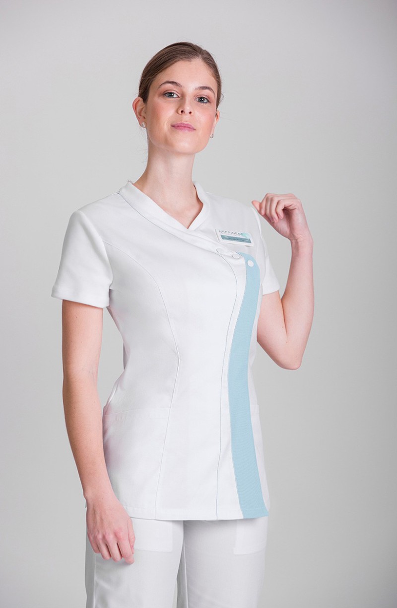 Tunique d'aide soignante blanche et bleu ciel