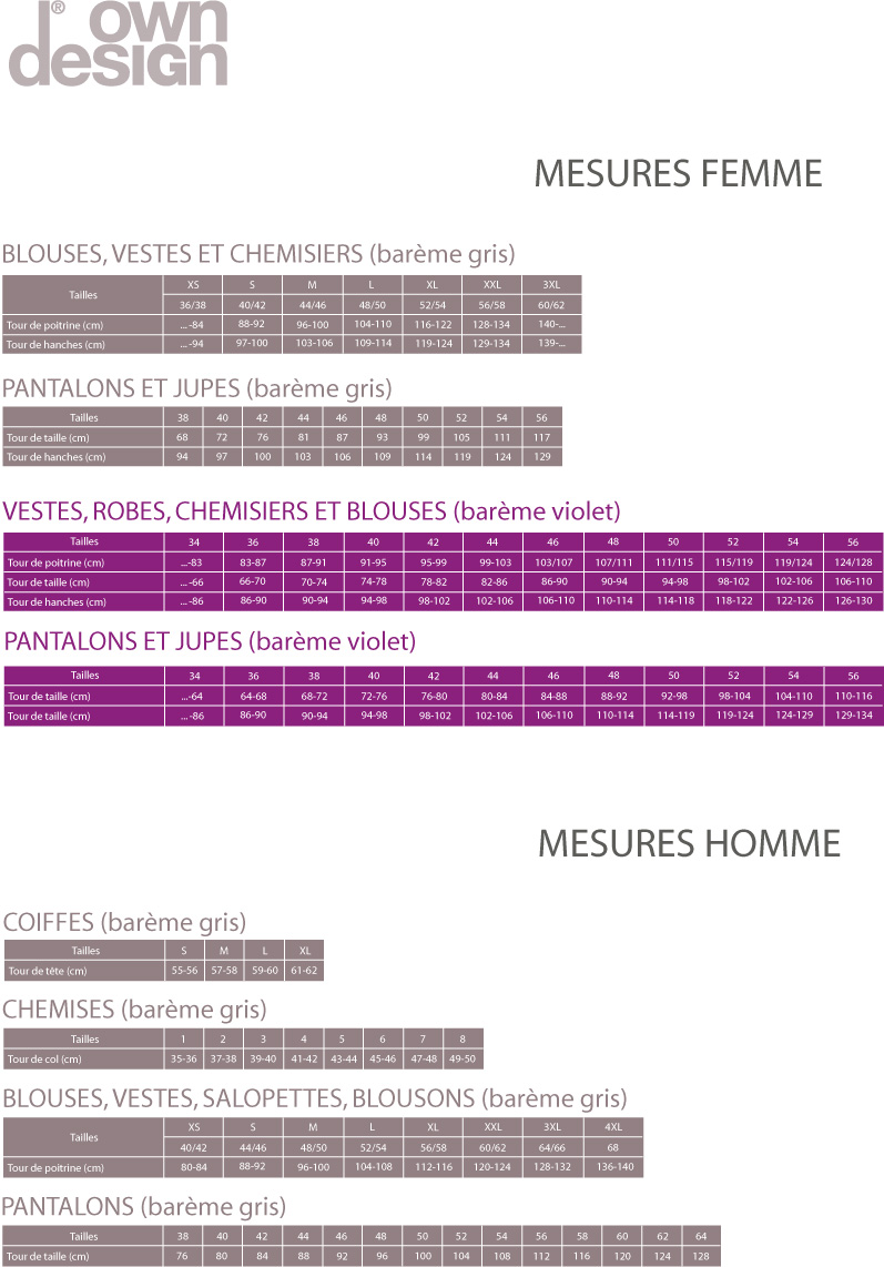 Guide des tailles Own Design